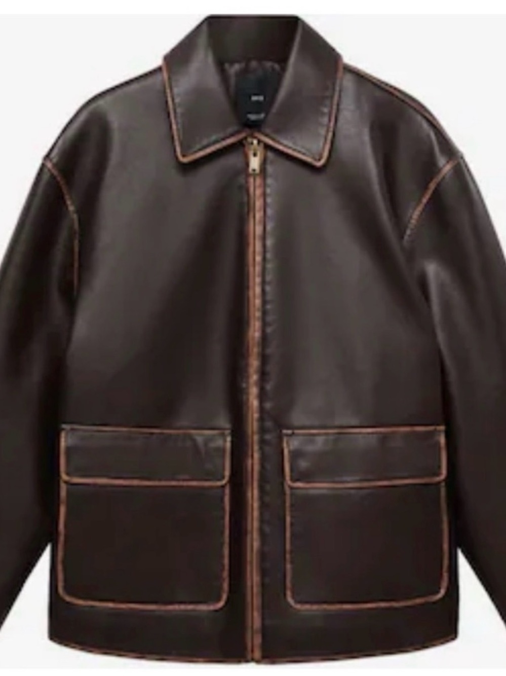 Mango women’s  Dark Brown Leather Zip-Up Jacket